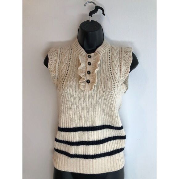 Authentic DSquared2 Ruffle Trim Sleeveless Sweater, Cream w/Navy Stripes, Sz S - Picture 1 of 9